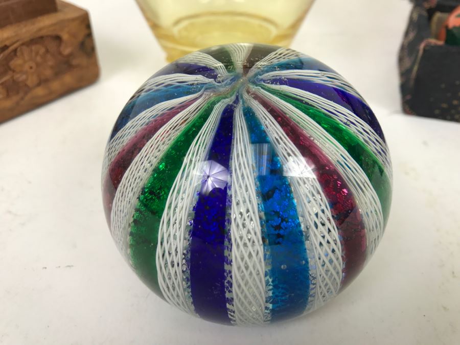 Carved Wooden Box, Art Glass Paperweight, Lidded Amber Glass Jar And Set Of Vintage Baoding Balls [Photo 6]