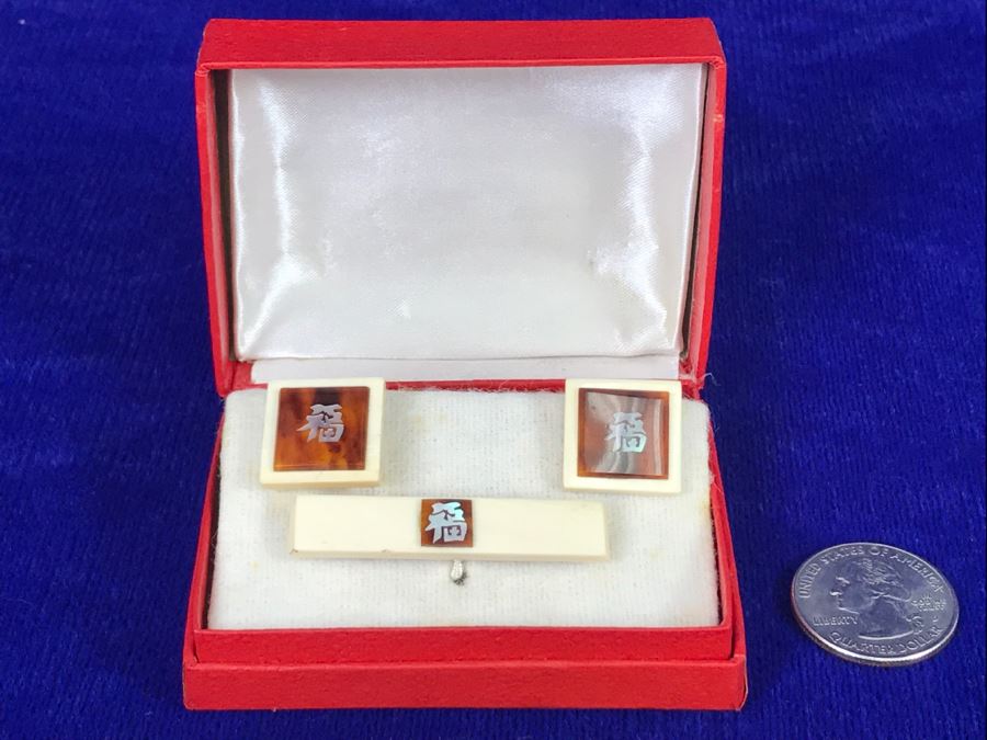 Men's Asian Tie Clip And Cufflink Set In Original Box Mother Of Pearl Inlay