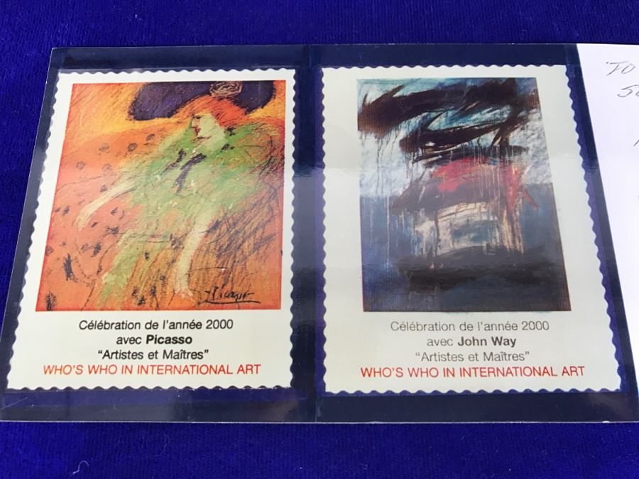 Signed John Way Artist Picture Postcard Showing Who's Who In International Art With John Way Featured Alongside Picasso - Also Personalized John Way Post It Note Signed On Back From 2000 [Photo 4]