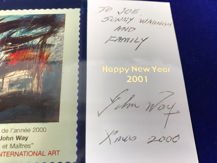 Signed John Way Artist Picture Postcard Showing Who's Who In International Art With John Way Featured Alongside Picasso - Also Personalized John Way Post It Note Signed On Back From 2000 [Photo 3]