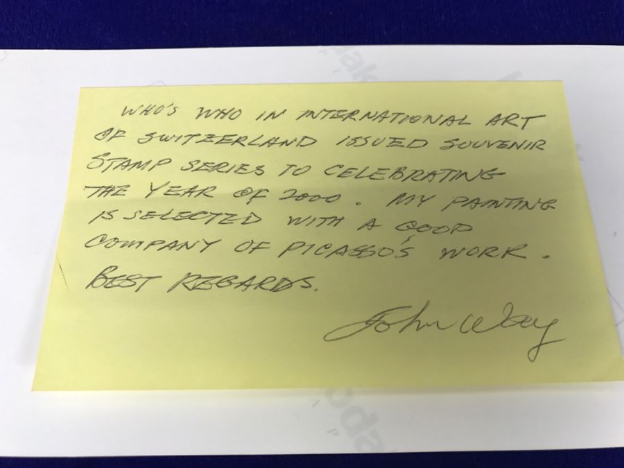 Signed John Way Artist Picture Postcard Showing Who's Who In International Art With John Way Featured Alongside Picasso - Also Personalized John Way Post It Note Signed On Back From 2000 [Photo 2]