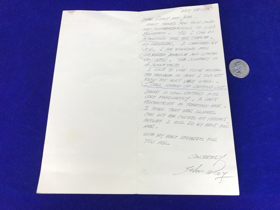 Artist John Way Signed Artist Card With Personalized Hand Written Note From 1980 [Photo 2]