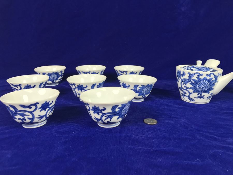 10 Piece Asian Blue And White Tea Set - See Photos For Slight Chip In Spout [Photo 3]