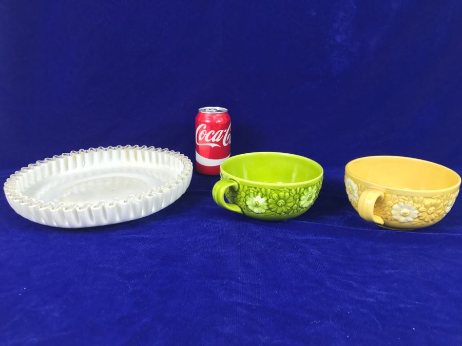 (2) Mid-Century Japanese Cups With Fluted Milk Glass Bowl