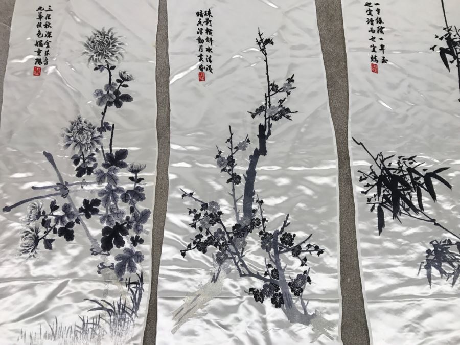 JUST ADDED - Set Of 4 Chinese Silk Embroidery Floral Art Wall Hangings Individually Signed [Photo 7]