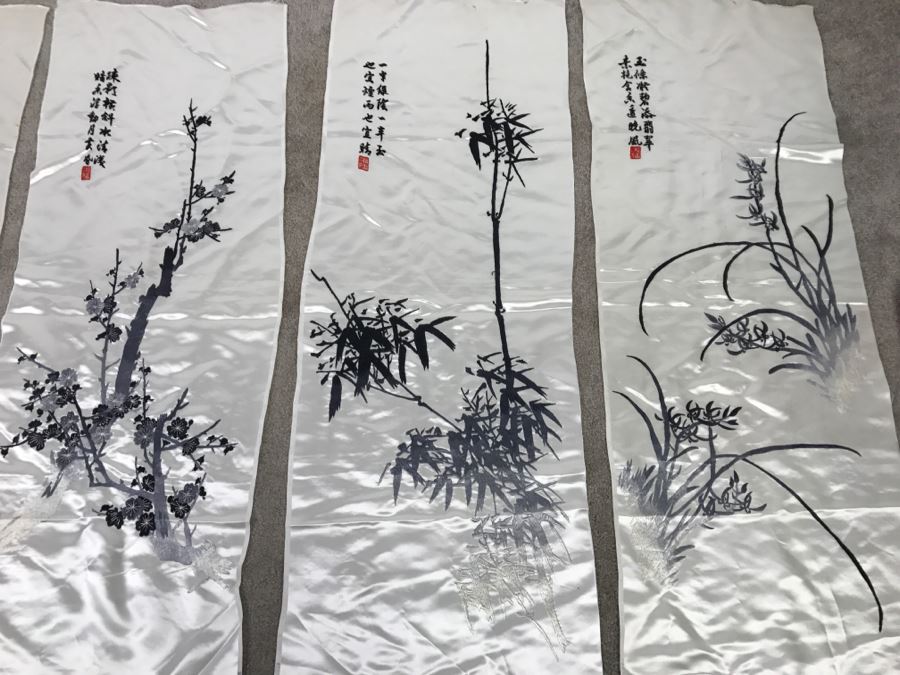 JUST ADDED - Set Of 4 Chinese Silk Embroidery Floral Art Wall Hangings Individually Signed [Photo 13]
