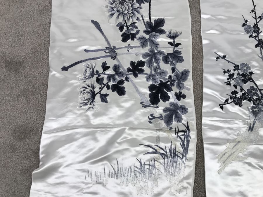 JUST ADDED - Set Of 4 Chinese Silk Embroidery Floral Art Wall Hangings Individually Signed [Photo 2]