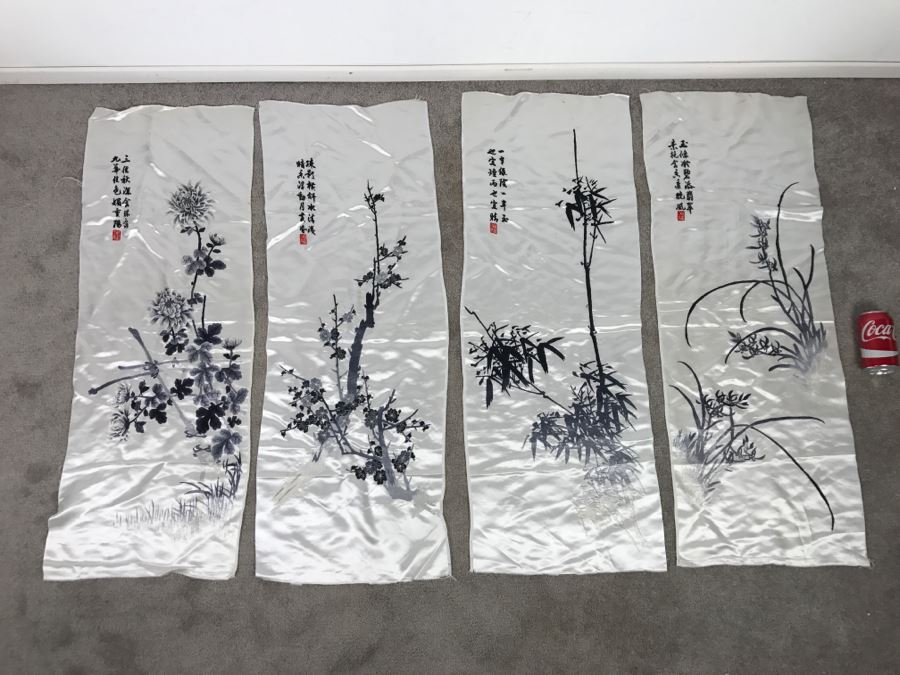 JUST ADDED - Set Of 4 Chinese Silk Embroidery Floral Art Wall Hangings Individually Signed