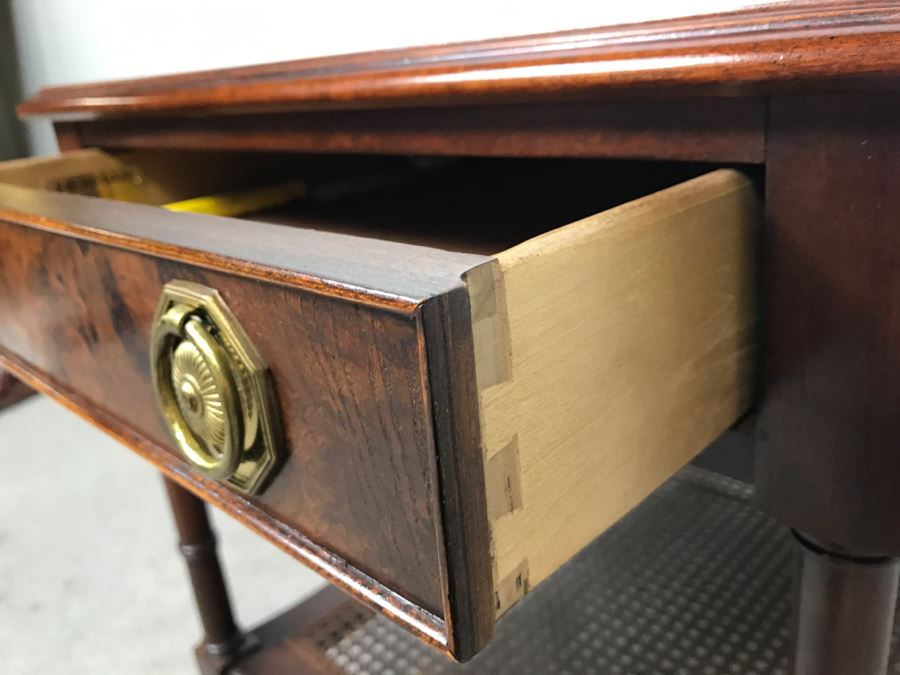 HEKMAN Two-Tier Side Table With Burled Wood Top Finish And Cane On Bottom Grand Rapids, MI [Photo 3]