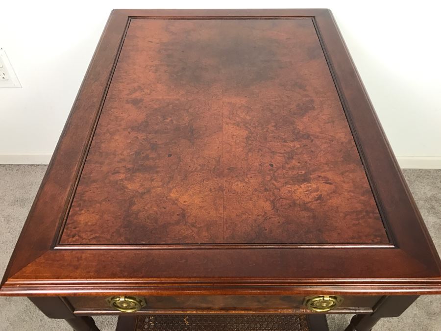 HEKMAN Two-Tier Side Table With Burled Wood Top Finish And Cane On Bottom Grand Rapids, MI [Photo 2]