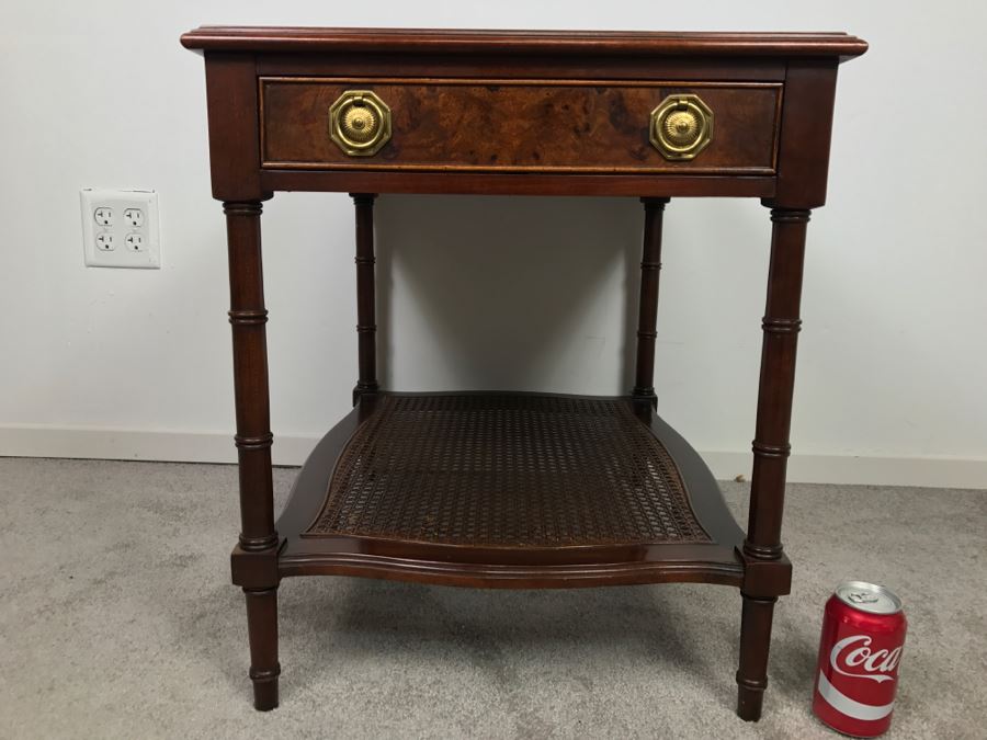 HEKMAN Two-Tier Side Table With Burled Wood Top Finish And Cane On Bottom Grand Rapids, MI [Photo 7]