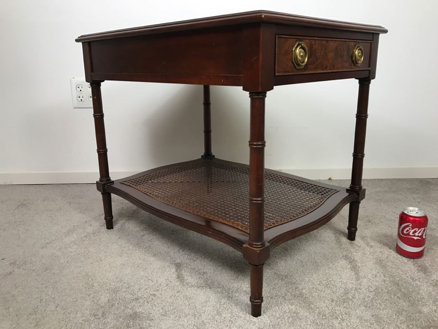 HEKMAN Two-Tier Side Table With Burled Wood Top Finish And Cane On Bottom Grand Rapids, MI [Photo 5]