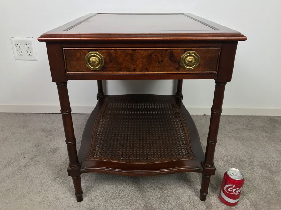 HEKMAN Two-Tier Side Table With Burled Wood Top Finish And Cane On Bottom Grand Rapids, MI