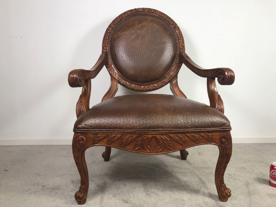 Large Wooden Armchair Occasional Chair With Faux Leather Upholstery