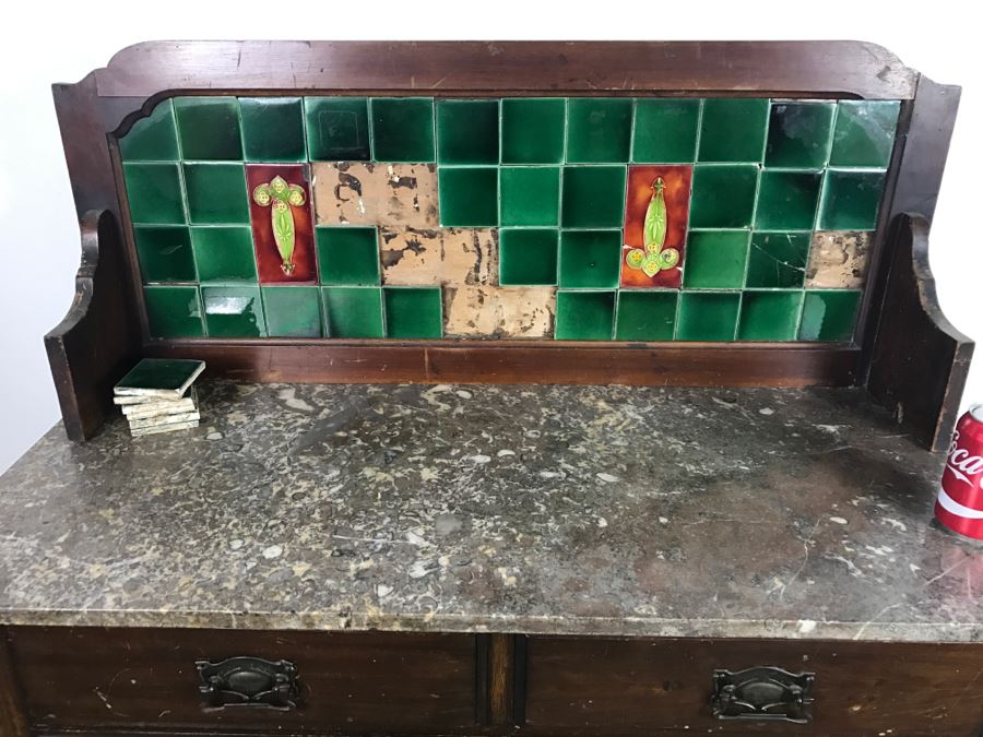 Antique Arts And Crafts Era Wash Stand Dry Sink Chest Of Drawers With Marble Top And Tile Backsplash - Missing One Tile And Tiles Need To Be Reglued [Photo 4]