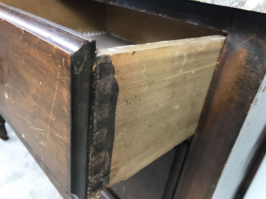 Antique Arts And Crafts Era Wash Stand Dry Sink Chest Of Drawers With Marble Top And Tile Backsplash - Missing One Tile And Tiles Need To Be Reglued [Photo 14]