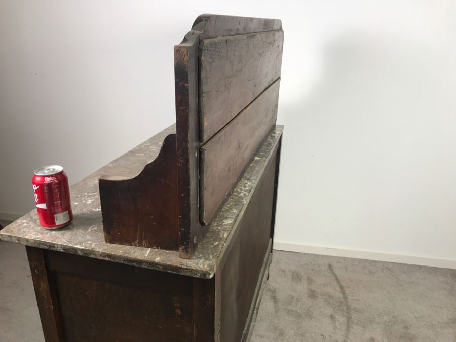 Antique Arts And Crafts Era Wash Stand Dry Sink Chest Of Drawers With Marble Top And Tile Backsplash - Missing One Tile And Tiles Need To Be Reglued [Photo 21]
