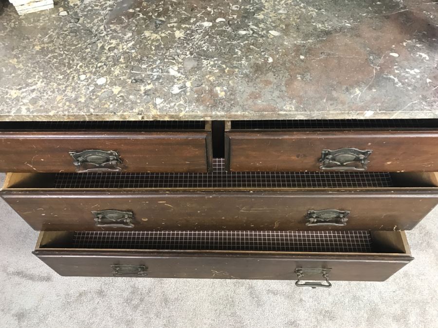 Antique Arts And Crafts Era Wash Stand Dry Sink Chest Of Drawers With Marble Top And Tile Backsplash - Missing One Tile And Tiles Need To Be Reglued [Photo 17]