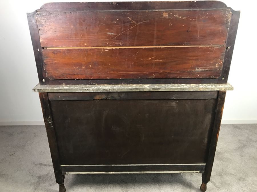 Antique Arts And Crafts Era Wash Stand Dry Sink Chest Of Drawers With Marble Top And Tile Backsplash - Missing One Tile And Tiles Need To Be Reglued [Photo 23]
