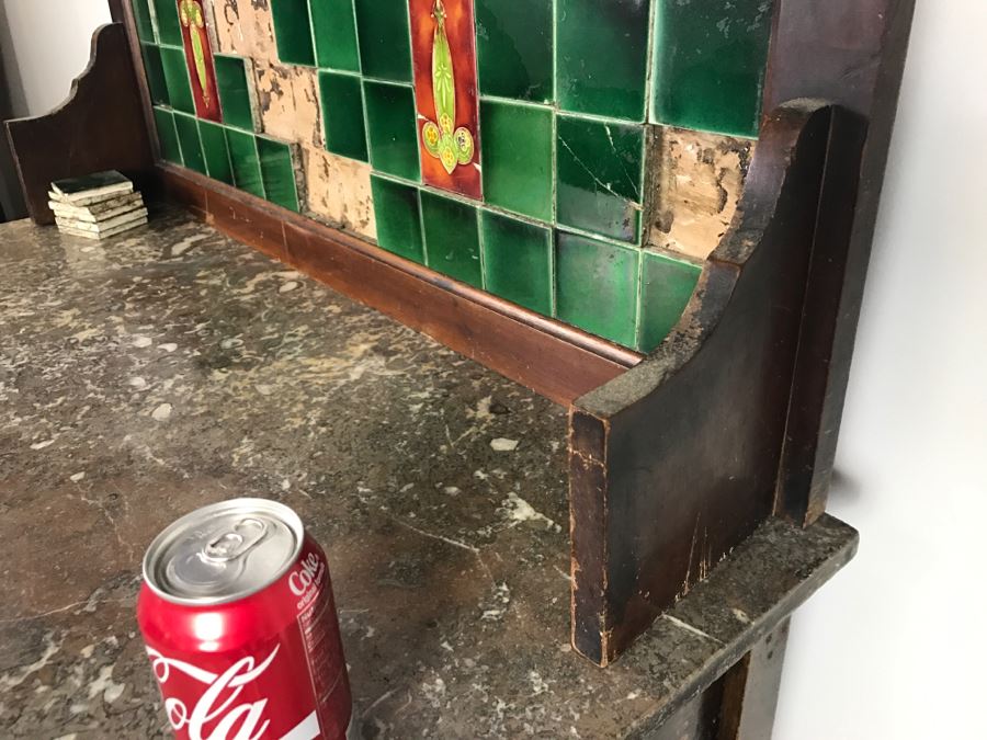 Antique Arts And Crafts Era Wash Stand Dry Sink Chest Of Drawers With Marble Top And Tile Backsplash - Missing One Tile And Tiles Need To Be Reglued [Photo 18]