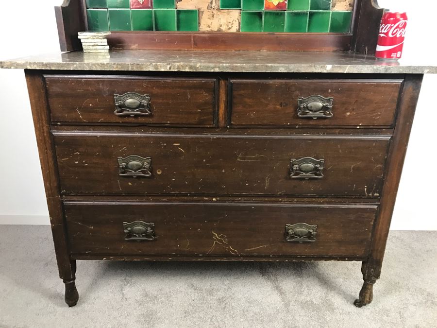 Antique Arts And Crafts Era Wash Stand Dry Sink Chest Of Drawers With Marble Top And Tile Backsplash - Missing One Tile And Tiles Need To Be Reglued [Photo 2]
