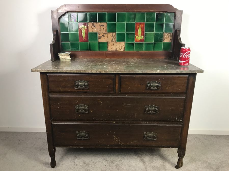 Antique Arts And Crafts Era Wash Stand Dry Sink Chest Of Drawers With Marble Top And Tile Backsplash - Missing One Tile And Tiles Need To Be Reglued [Photo 1]