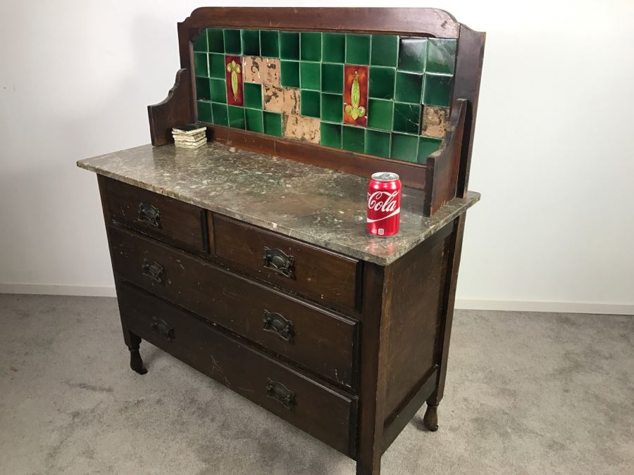 Antique Arts And Crafts Era Wash Stand Dry Sink Chest Of Drawers With Marble Top And Tile Backsplash - Missing One Tile And Tiles Need To Be Reglued [Photo 19]