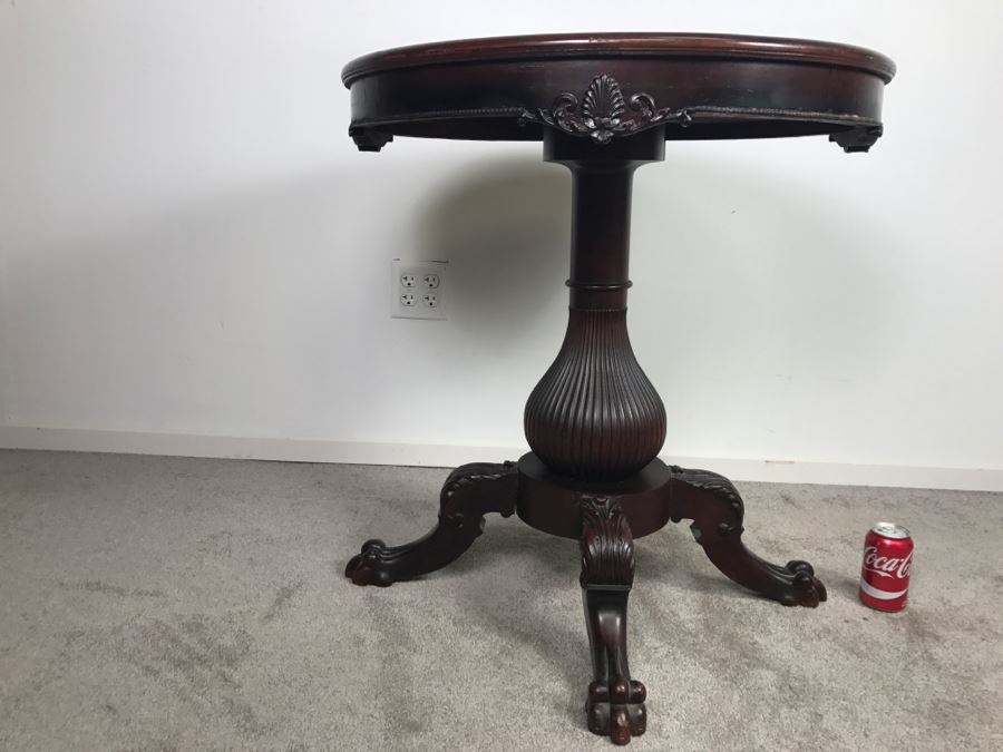 Stunning Antique Solid Carved Mahogany English Pedestal Table With Claw Feet - Note Repair On One Of The Legs [Photo 3]