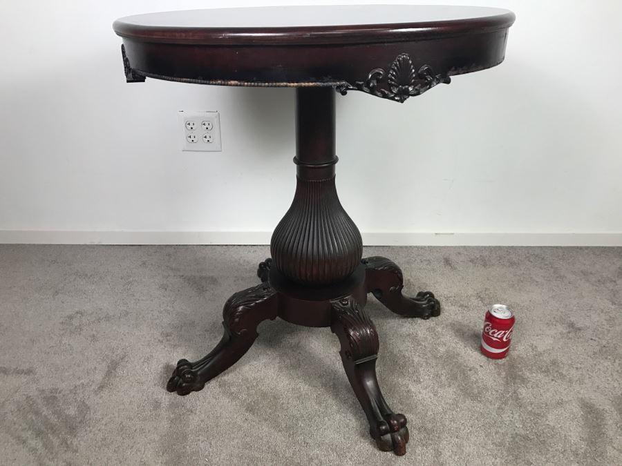 Stunning Antique Solid Carved Mahogany English Pedestal Table With Claw Feet - Note Repair On One Of The Legs [Photo 12]
