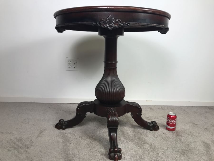 Stunning Antique Solid Carved Mahogany English Pedestal Table With Claw Feet - Note Repair On One Of The Legs
