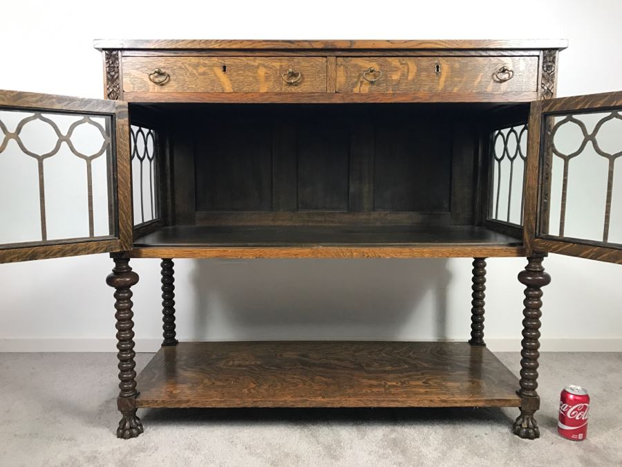 Stunning Antique Tiger Oak Cabinet With Turned Legs, Claw Feet And Detailed Wood Carvings Nice 3-Sided Glass Display Cabinet [Photo 20]