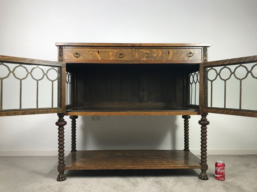 Stunning Antique Tiger Oak Cabinet With Turned Legs, Claw Feet And Detailed Wood Carvings Nice 3-Sided Glass Display Cabinet [Photo 24]