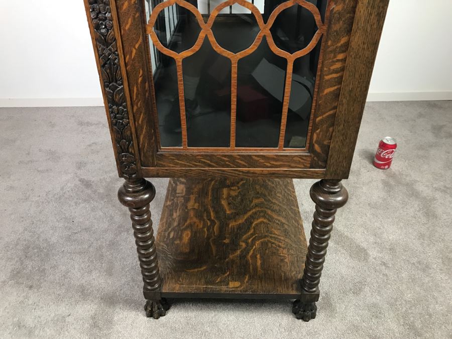 Stunning Antique Tiger Oak Cabinet With Turned Legs, Claw Feet And Detailed Wood Carvings Nice 3-Sided Glass Display Cabinet [Photo 30]