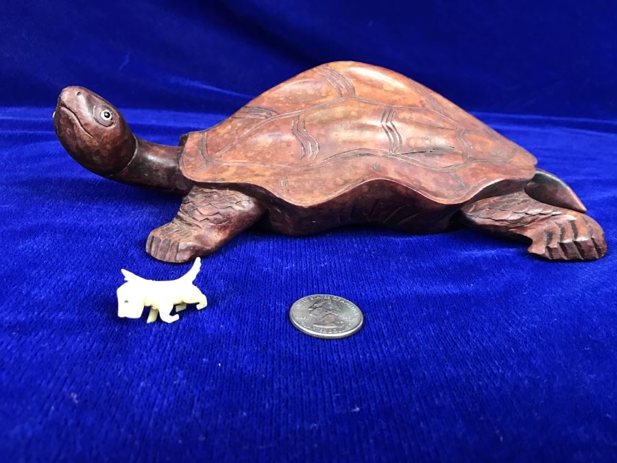 Carved Wood Turtle And Small Carved Bone Scottish Terrier Figurine [Photo 2]