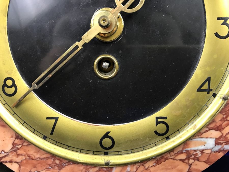 Vintage Art Deco Marble And Brass Mantle Clock - Has Two Circular Marble Sculptures [Photo 8]