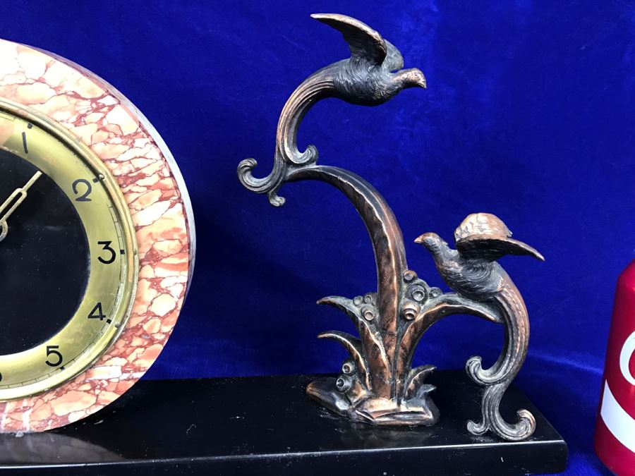 Vintage Art Deco Marble And Brass Mantle Clock - Has Two Circular Marble Sculptures [Photo 9]
