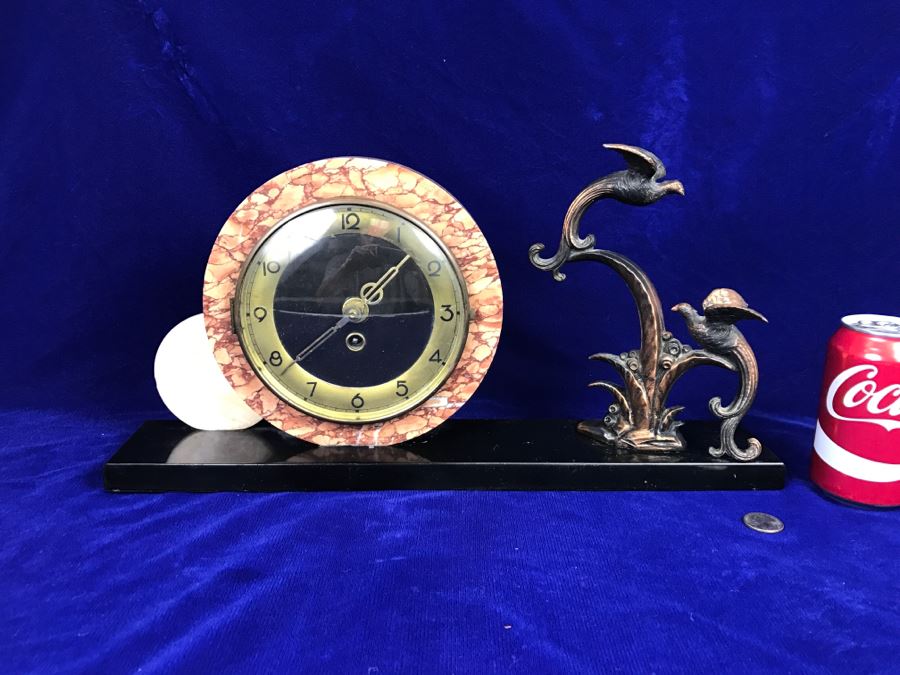 Vintage Art Deco Marble And Brass Mantle Clock - Has Two Circular Marble Sculptures [Photo 3]