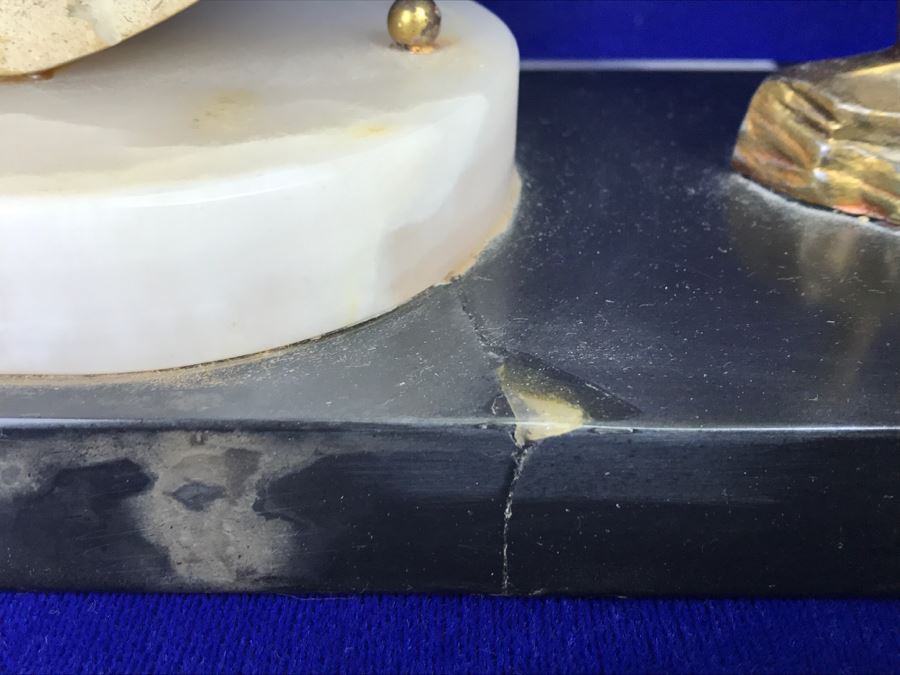 Vintage Art Deco Marble Mantle Clock With Pair Of Brass Peacocks - Note Repair To Marble Base In Photos [Photo 18]