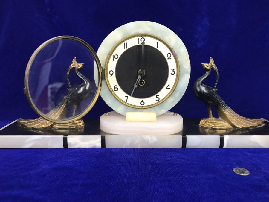Vintage Art Deco Marble Mantle Clock With Pair Of Brass Peacocks - Note Repair To Marble Base In Photos [Photo 7]