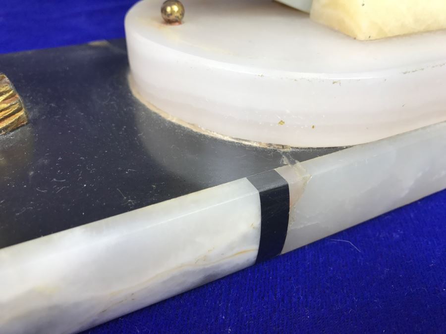 Vintage Art Deco Marble Mantle Clock With Pair Of Brass Peacocks - Note Repair To Marble Base In Photos [Photo 11]