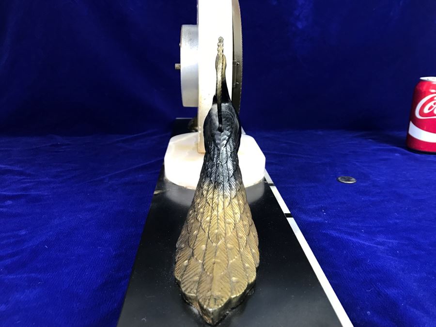 Vintage Art Deco Marble Mantle Clock With Pair Of Brass Peacocks - Note Repair To Marble Base In Photos [Photo 14]