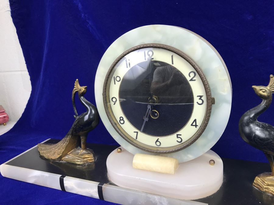 Vintage Art Deco Marble Mantle Clock With Pair Of Brass Peacocks - Note Repair To Marble Base In Photos [Photo 5]