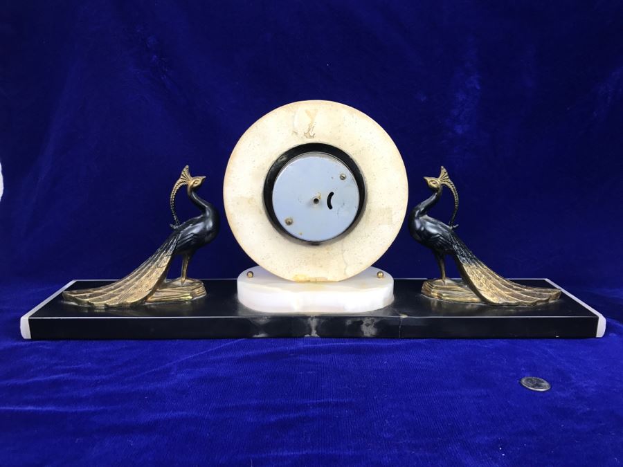 Vintage Art Deco Marble Mantle Clock With Pair Of Brass Peacocks - Note Repair To Marble Base In Photos [Photo 16]