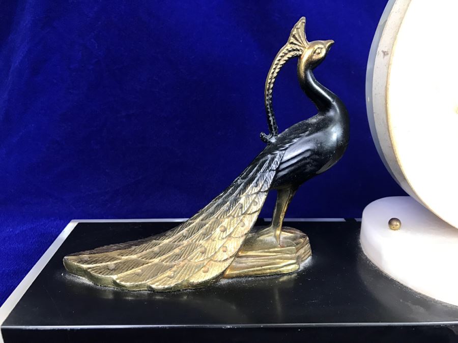 Vintage Art Deco Marble Mantle Clock With Pair Of Brass Peacocks - Note Repair To Marble Base In Photos [Photo 21]
