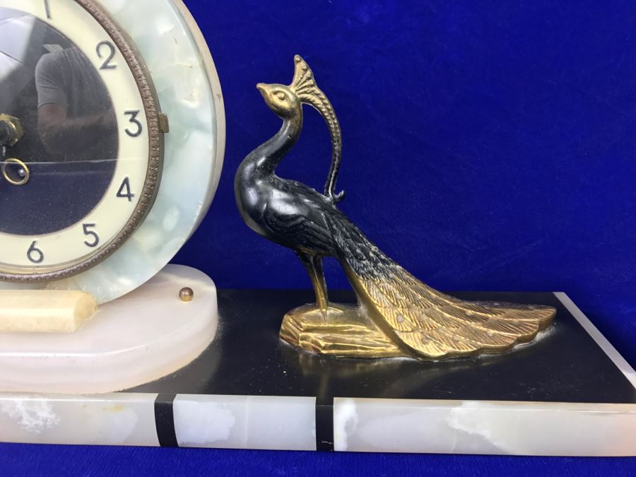 Vintage Art Deco Marble Mantle Clock With Pair Of Brass Peacocks - Note Repair To Marble Base In Photos [Photo 4]