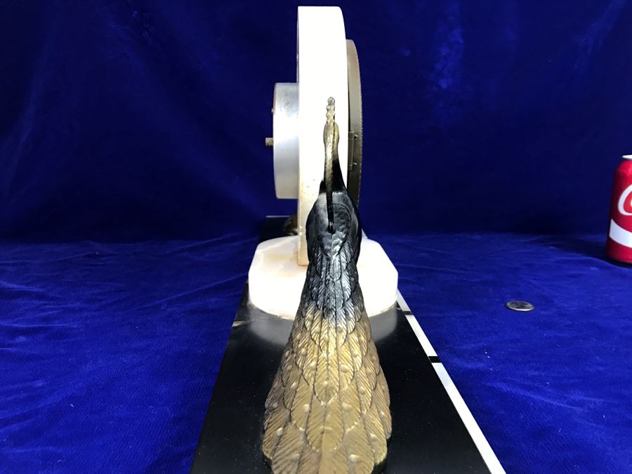 Vintage Art Deco Marble Mantle Clock With Pair Of Brass Peacocks - Note Repair To Marble Base In Photos [Photo 15]