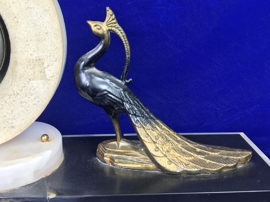Vintage Art Deco Marble Mantle Clock With Pair Of Brass Peacocks - Note Repair To Marble Base In Photos [Photo 19]