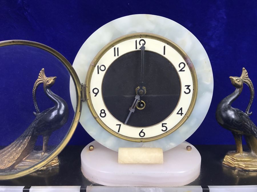 Vintage Art Deco Marble Mantle Clock With Pair Of Brass Peacocks - Note Repair To Marble Base In Photos [Photo 8]