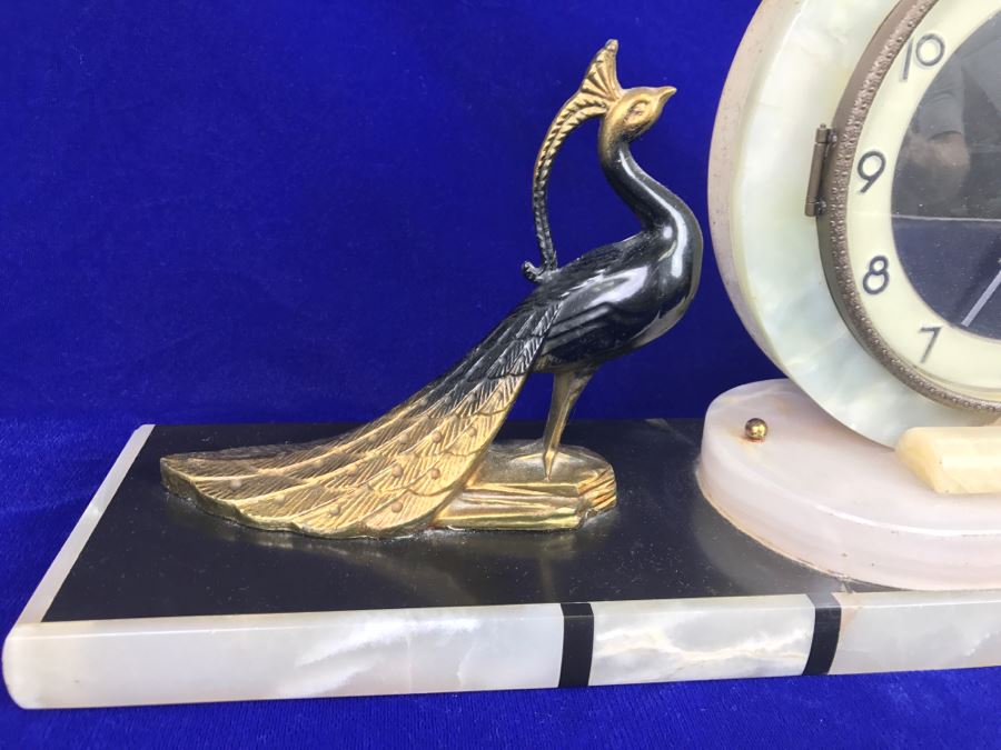 Vintage Art Deco Marble Mantle Clock With Pair Of Brass Peacocks - Note Repair To Marble Base In Photos [Photo 3]