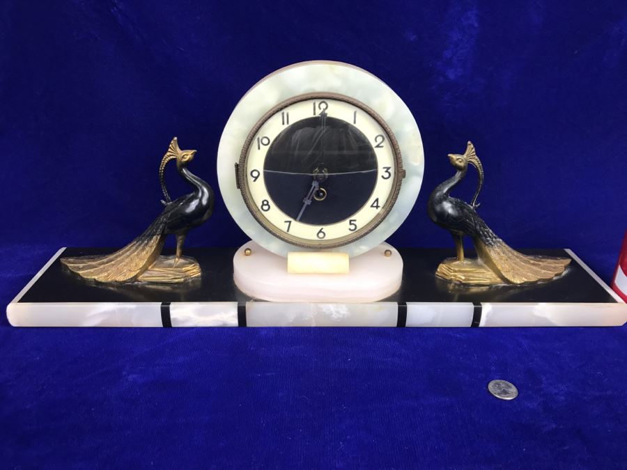 Vintage Art Deco Marble Mantle Clock With Pair Of Brass Peacocks - Note Repair To Marble Base In Photos [Photo 2]